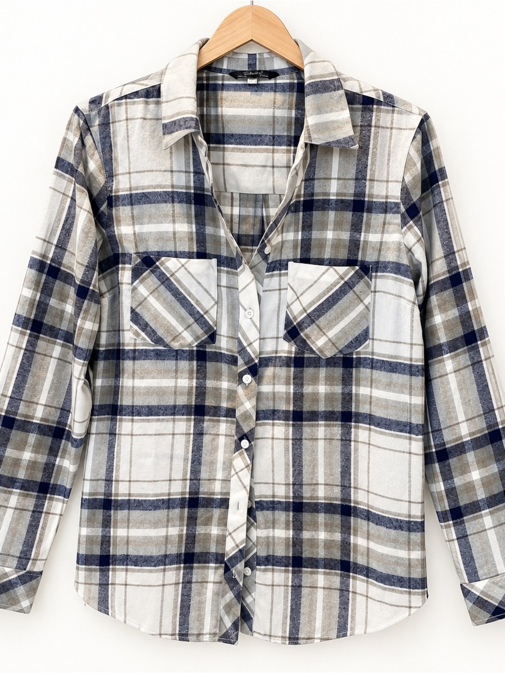 CHARLIE B Plaid Button-Down Shirt in Navy and Tan
